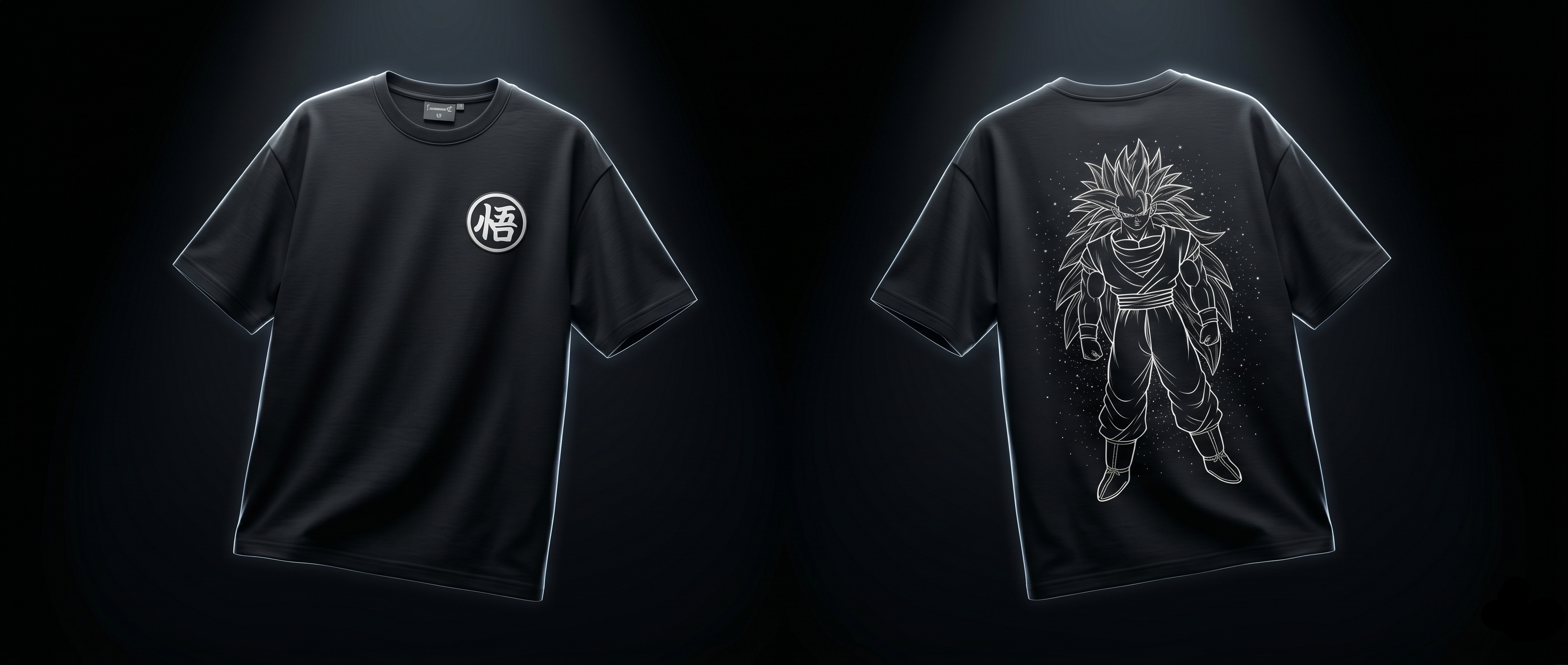 Black t-shirt with a logo on the left and a character design on the right against a dark background