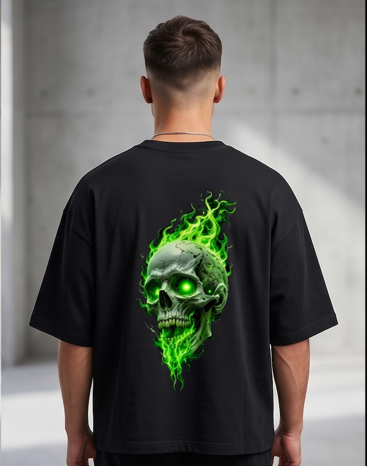 Unisex Terry Oversized Tee — Green Flame Skull